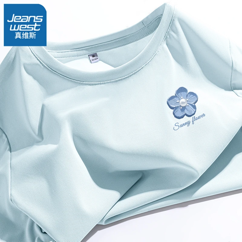真维斯浅蓝色速干短袖t恤女2025款夏季透气珠地凉感弹力大码上衣X