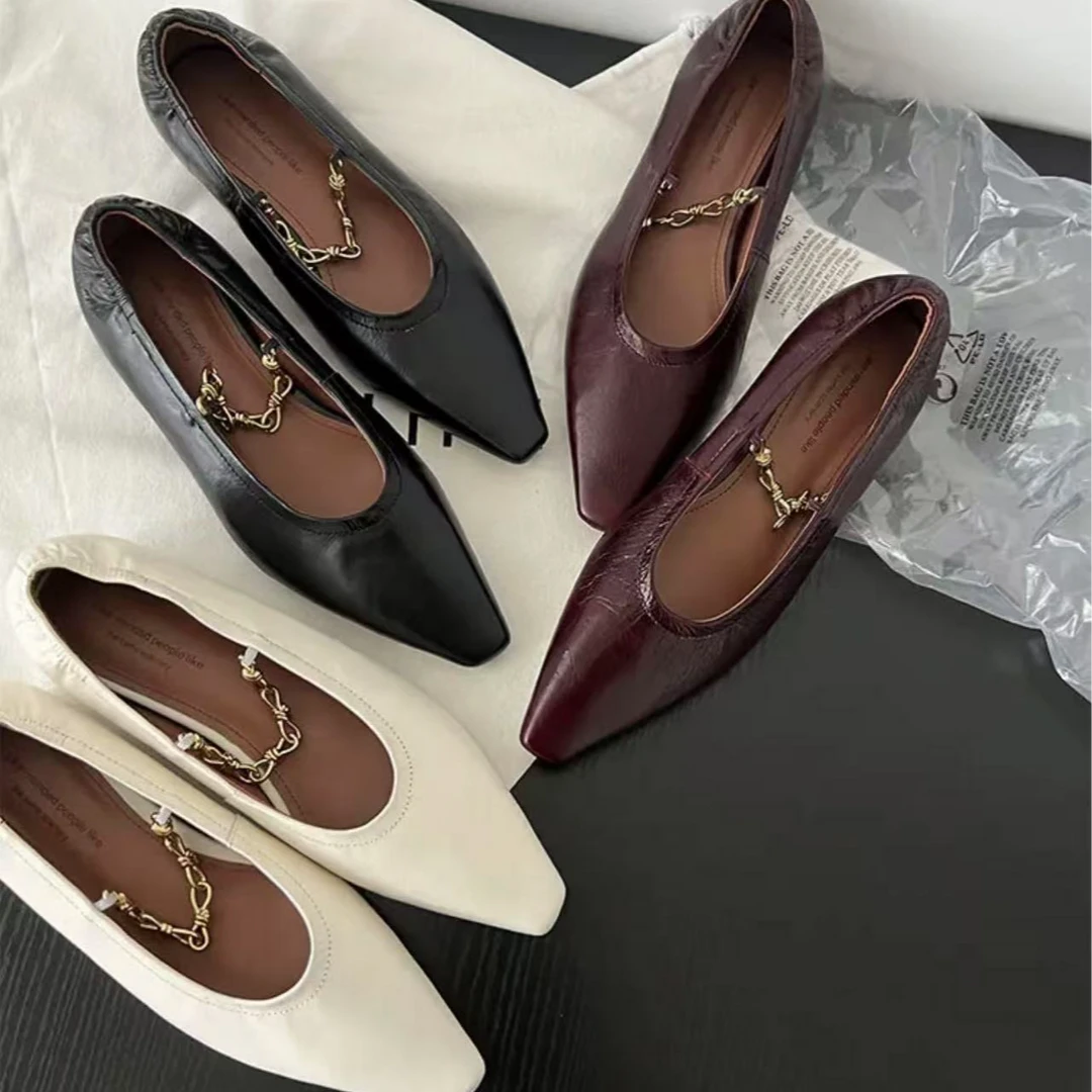 复古真皮浅口方头单鞋女春季时尚金属链条玛丽珍女鞋跟高2.5cm