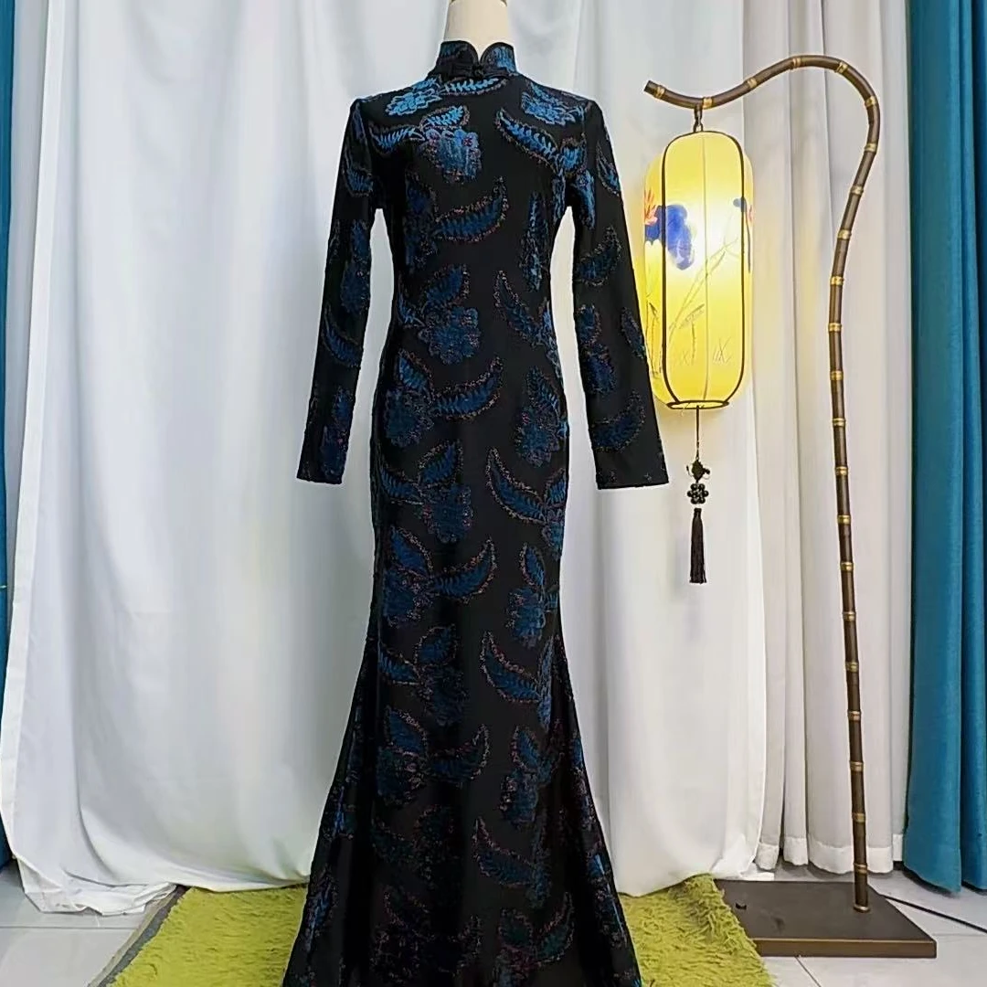 编码2516 春季新款植绒刺绣修身复古气质国风鱼尾裙