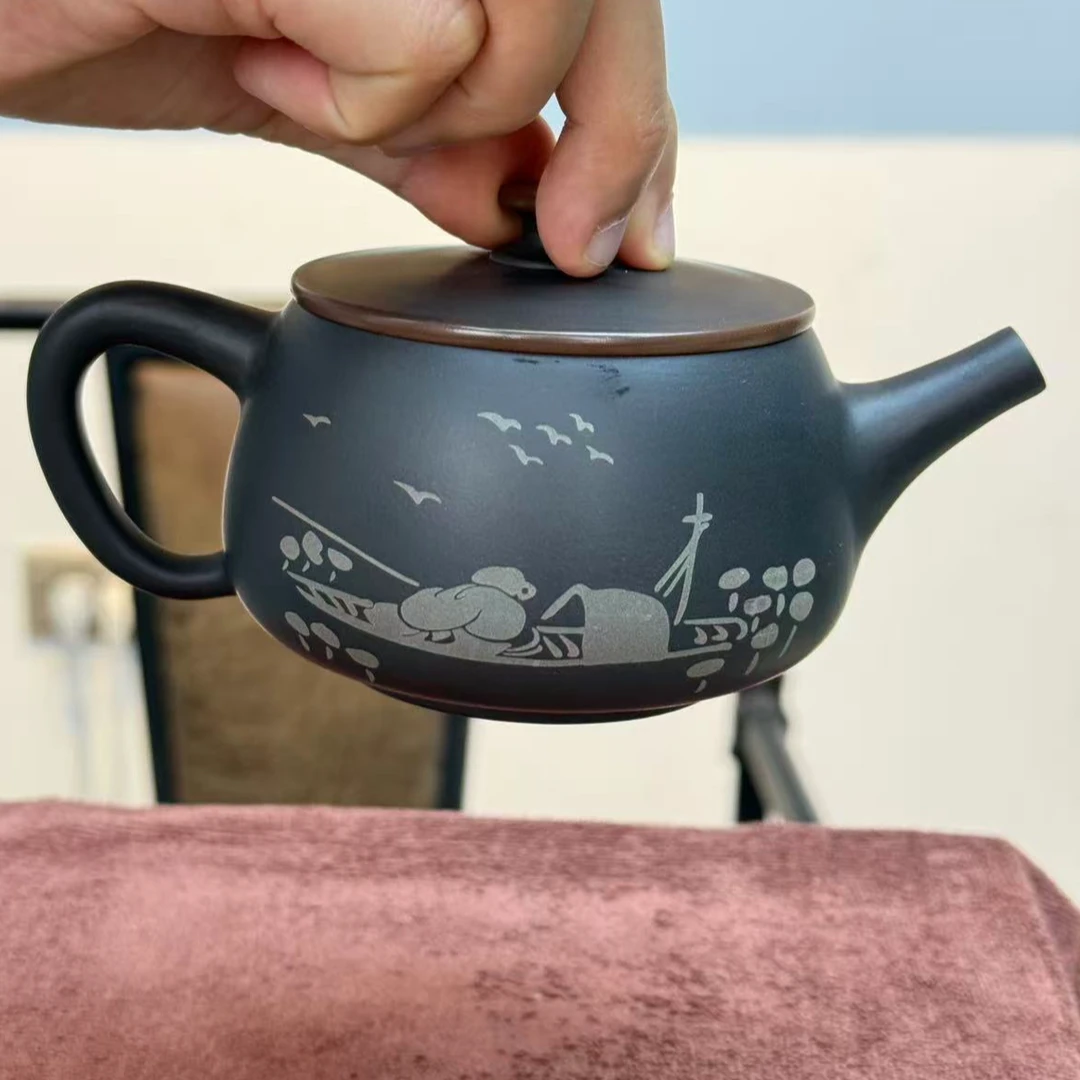 云南建水紫陶壶，垂钓系列紫陶汉瓦壶，高端精美泡茶壶-容量200毫升