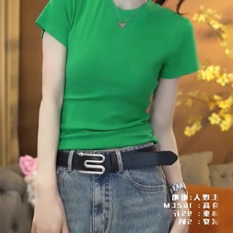 欧货绿色纯正肩短袖T恤女夏季新款紧身弹力欧洲站小衫体恤上衣