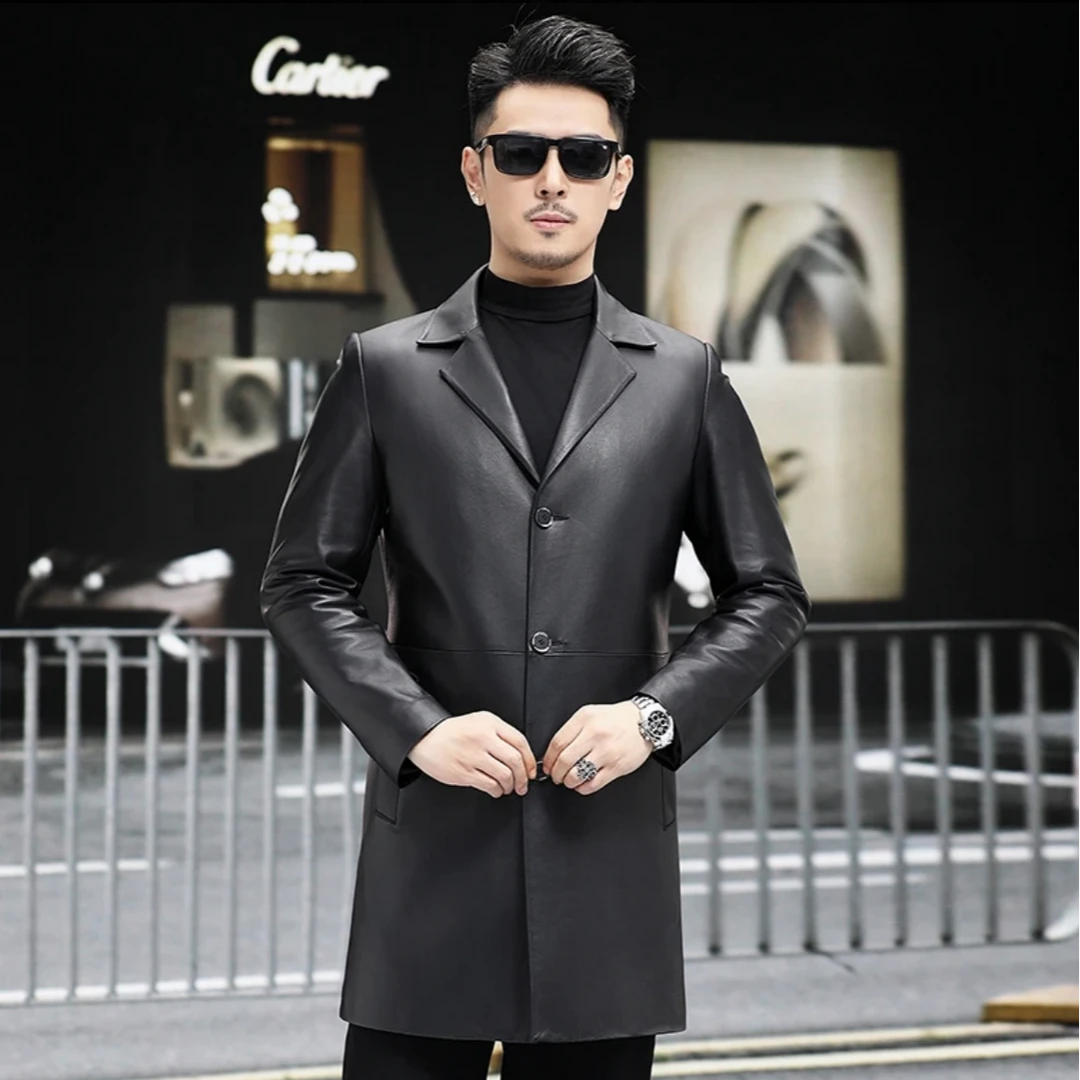 宝佳龙2025新款男士中长款绵羊皮修身商务休闲西装领真皮风衣