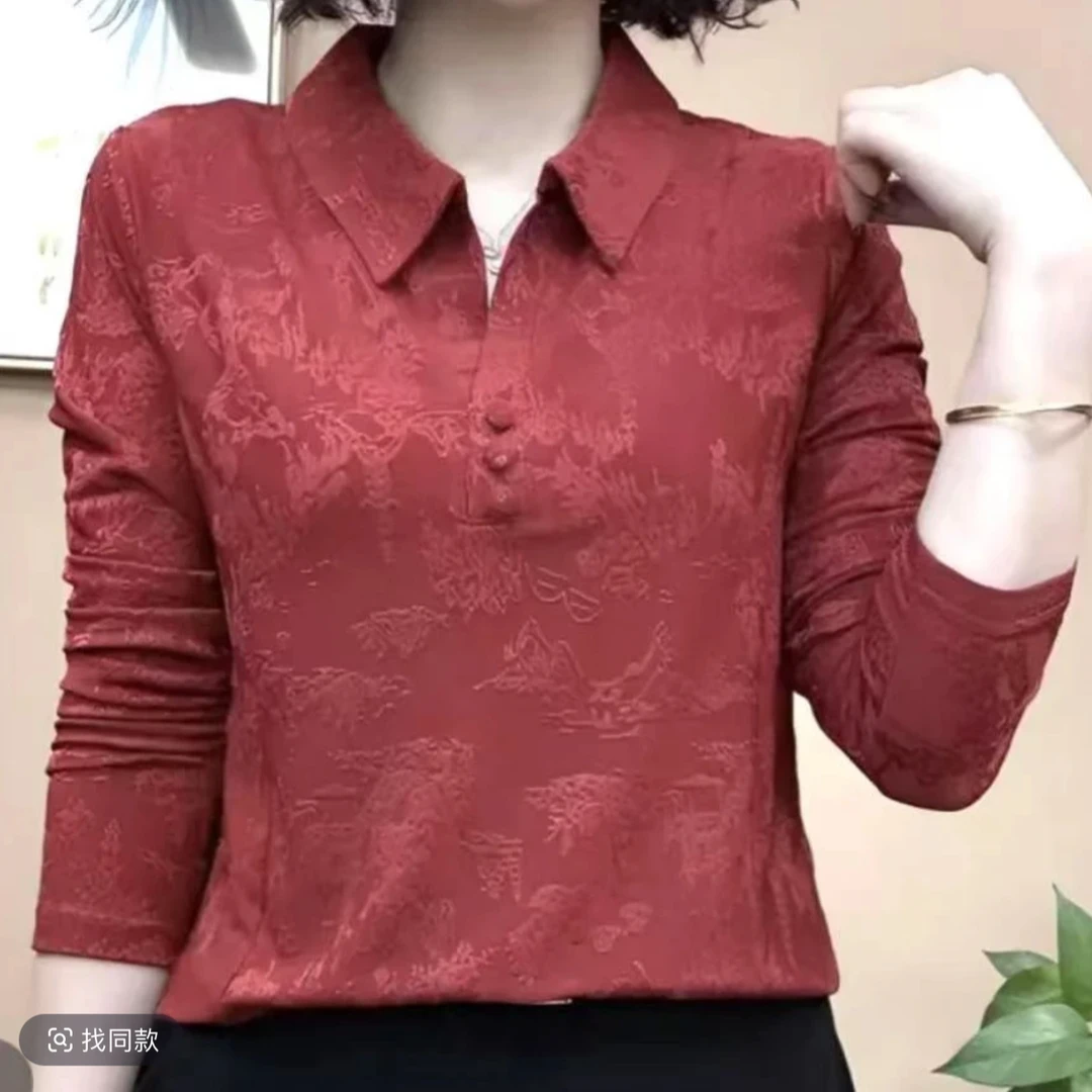 提花polo领长袖女士印花洋气翻领休闲上衣