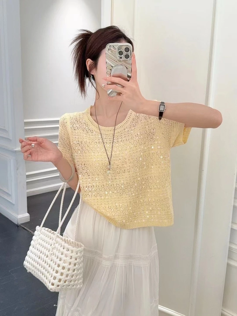 设计感蕾丝镂空短袖冰曲T桖衫女2025夏季新款时尚百搭上衣W2-10