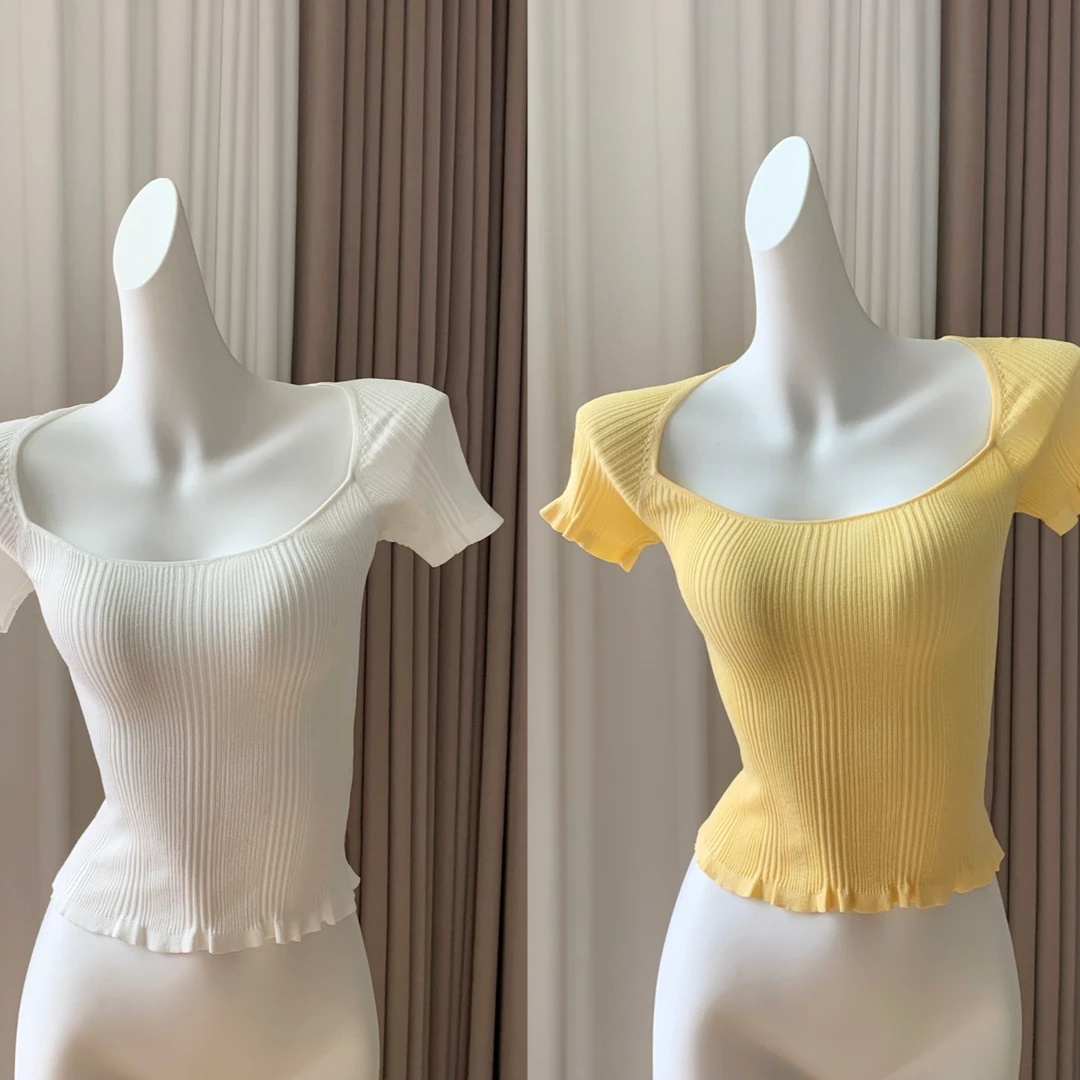 A轮A14【天鹅颈短袖】summer 多巴胺！方领法式针织上衣