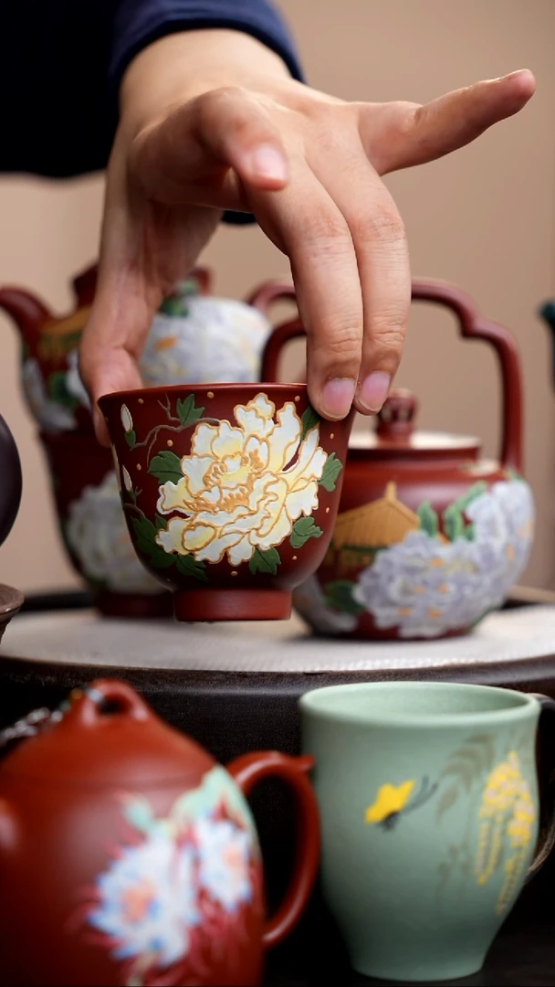 茶壶紫砂朱泥铃铛杯黄牡丹