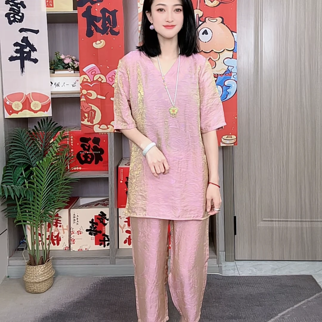 新中式夏季禅意风V领宽松遮肉高腰上衣裤子套装