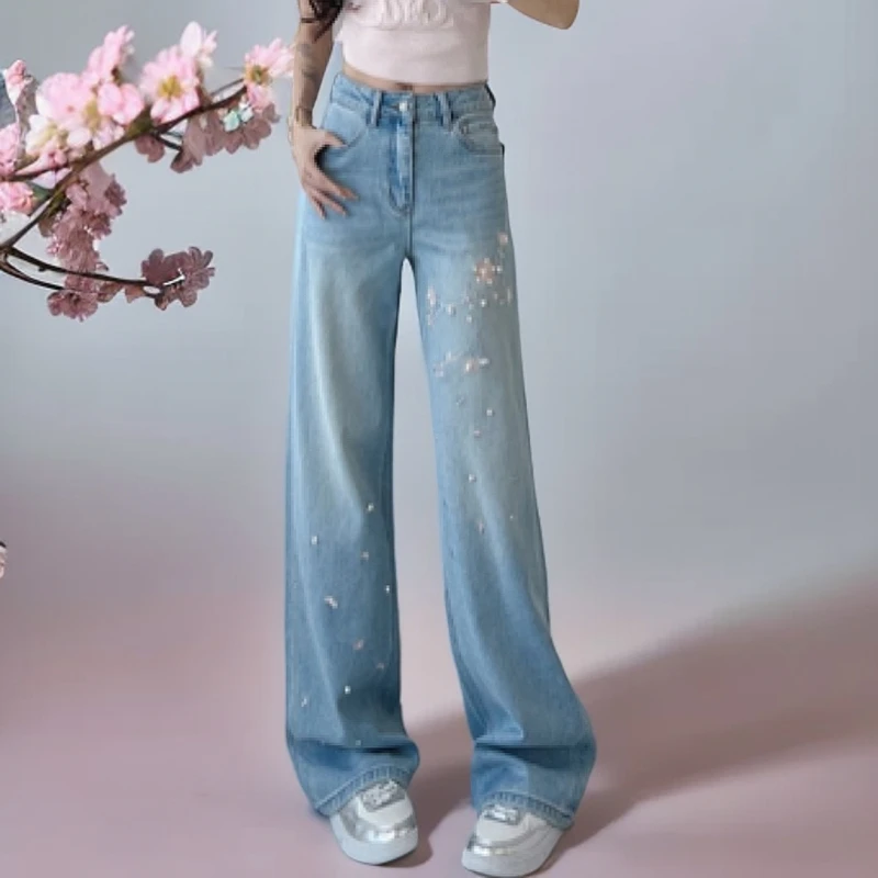 【晗永芳】6302粉花重工艺牛仔裤中式宽松显瘦设计感直筒高腰阔腿