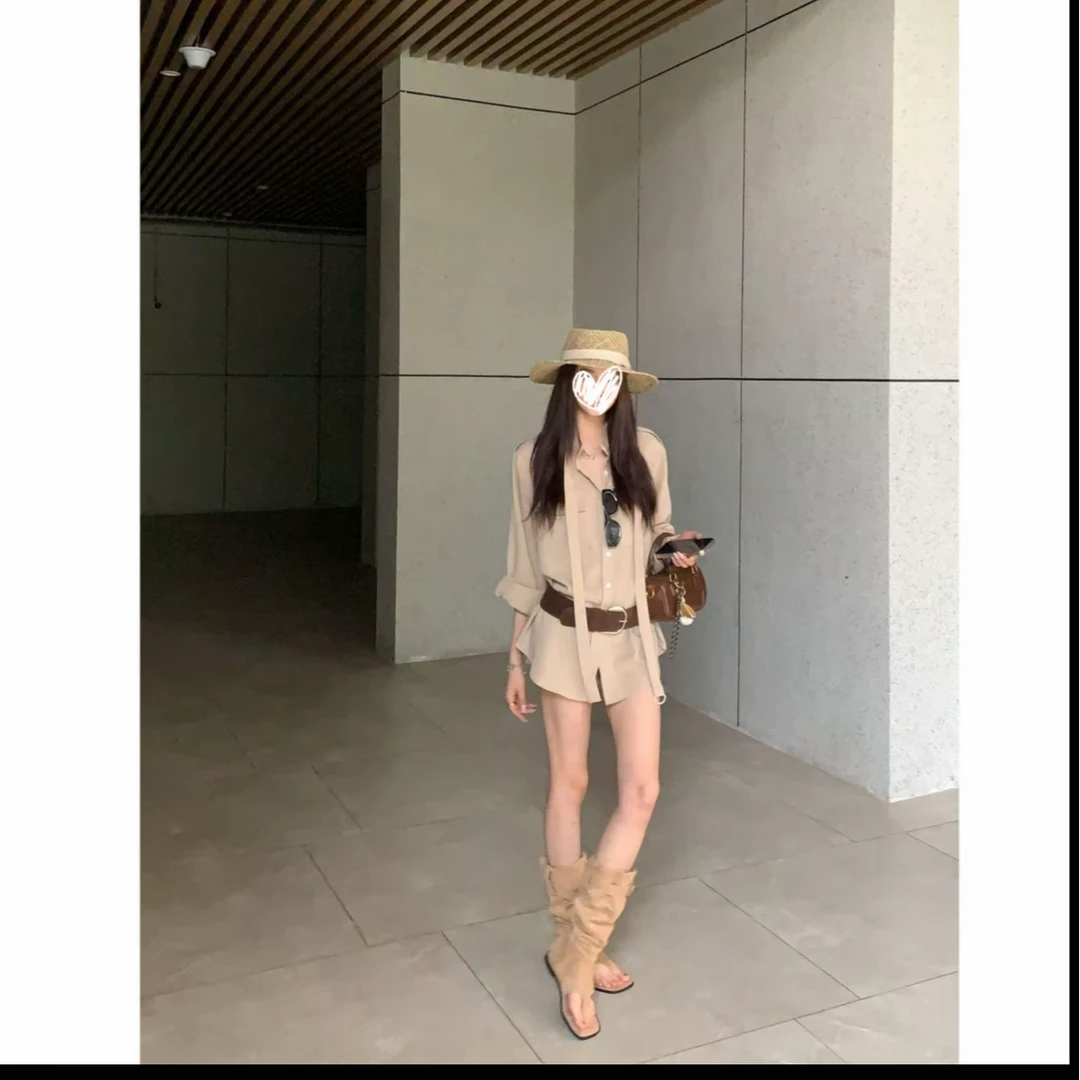 【苏黎世】 浅卡其仿麻姐感衬衣卡其短裤套装