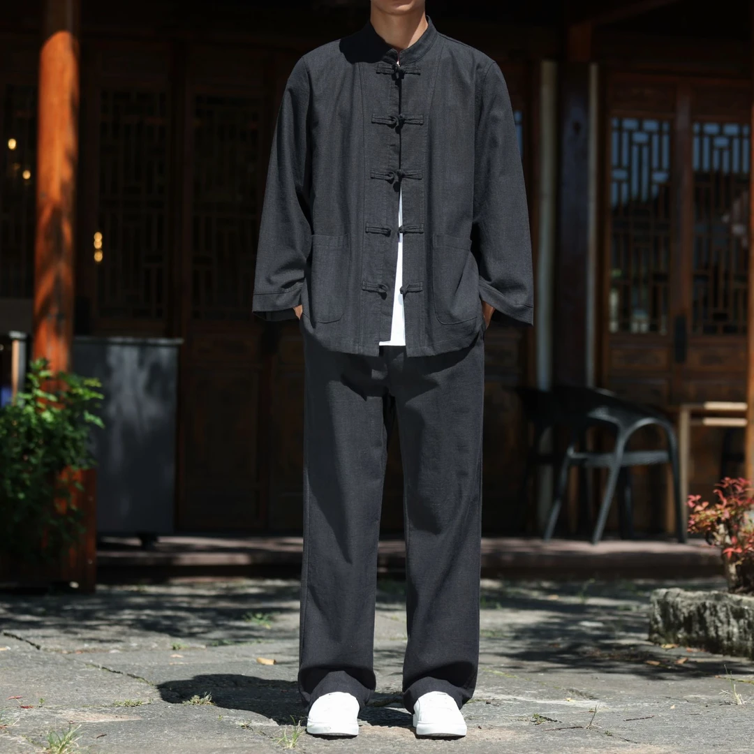 中国风棉麻夹克套装苎麻长袖立领盘扣外套宽松大码套装两件套男装