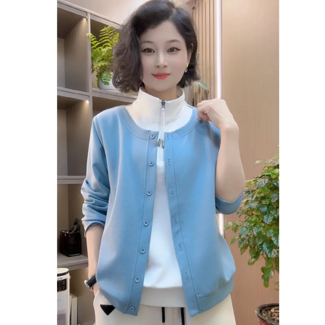 2025春季新款高级感假两件拉链时尚休闲长袖百搭打底衫女上衣2523