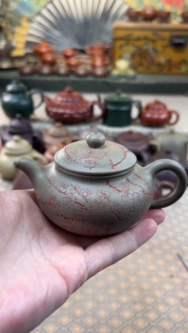 茶壶紫砂青段刻绘仿古壶150CC