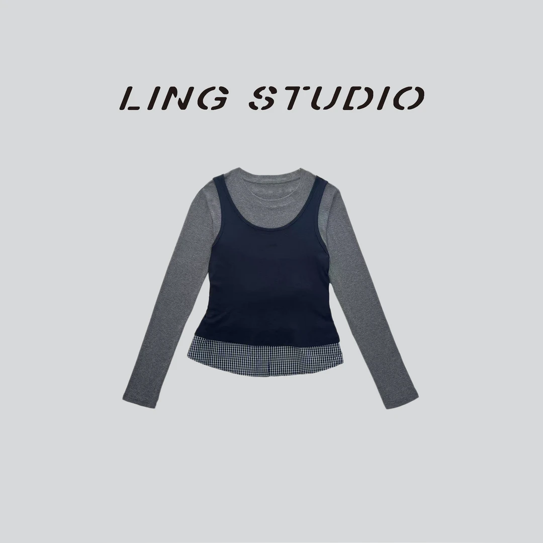 LING/STUDIO『爱丽丝』早秋新款气质假两件背心T恤5081004