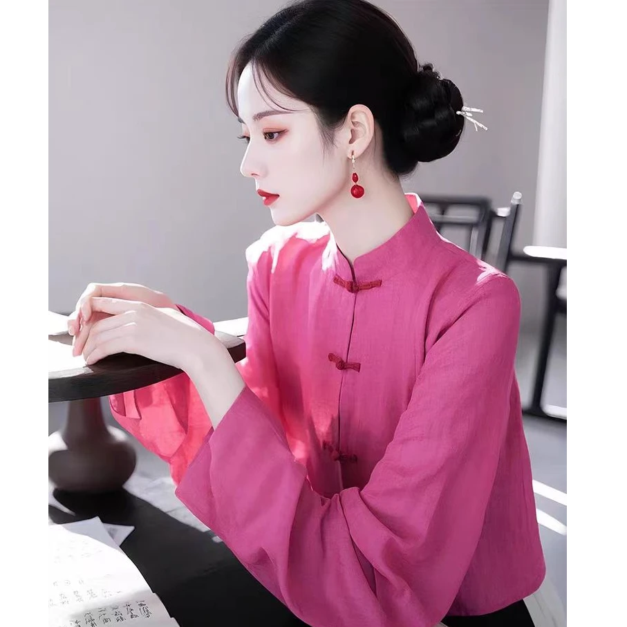 春季独特别致上衣新中式唐装超好看设计感小众中国风粉色盘扣衬衫