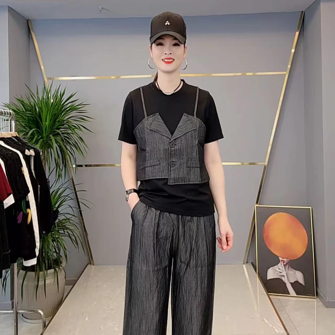 shishu/拾束夏季新款时尚女装圆领假两件洋气百搭显瘦套装XX2926