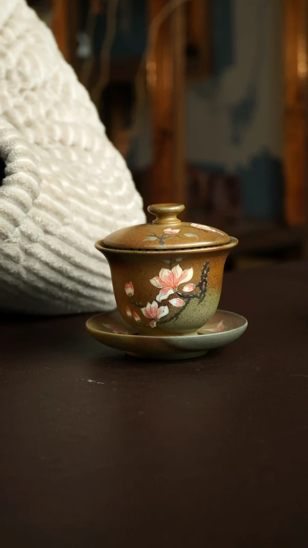 茶杯紫砂44号 柴烧玉兰花盖碗 宜兴紫砂原矿作品