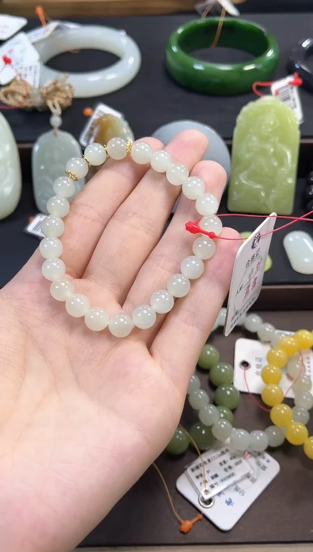 银S925镶嵌手串和田玉卡8新疆于田 圆珠9015884