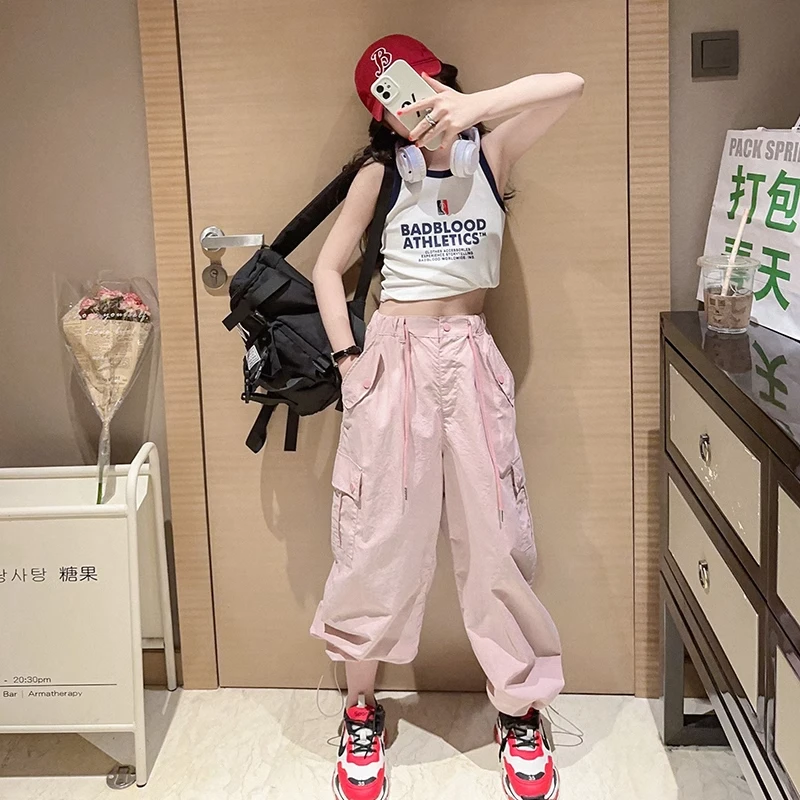 女童工装裤夏装薄款2024新款中大童宽松炸街阔腿裤儿童夏季休闲裤