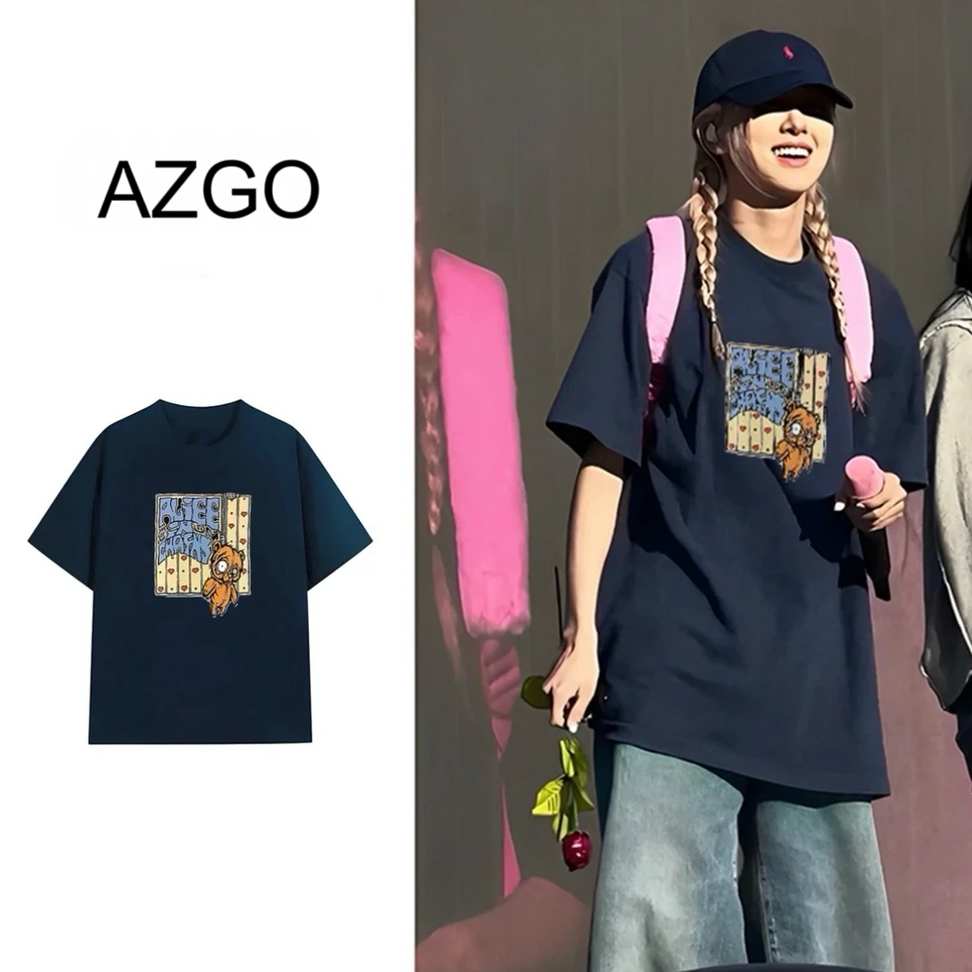 AZGO百搭宽松印花ins美式纯棉休闲小众学生圆领T恤（rose）