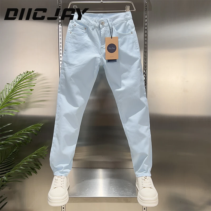 DIIC JAY/狄杰臻品夏季天蓝色休闲裤男弹力修身百搭小直筒牛仔裤
