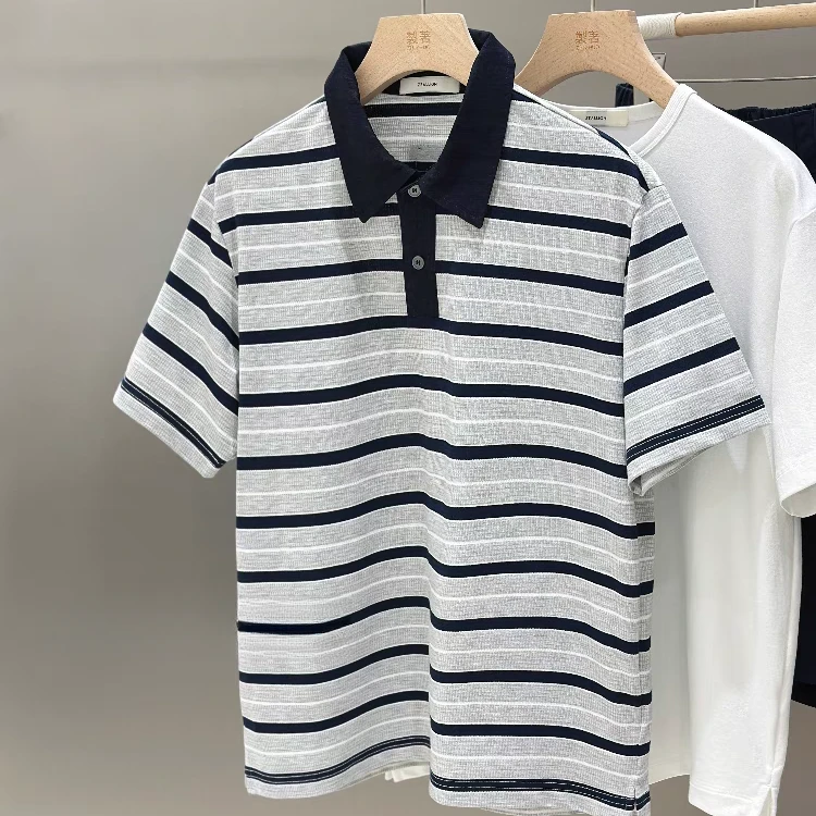 夏季ins休闲百搭拼接翻领条纹短袖POLO时尚简约半袖19198