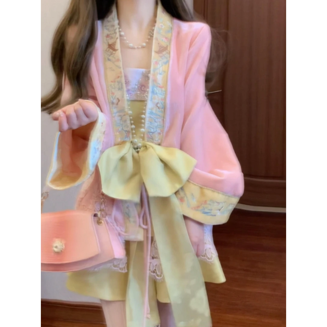 【甜心茶会】2025早秋新款新中式国风刺绣绑带外套蝴蝶结吊带连衣裙