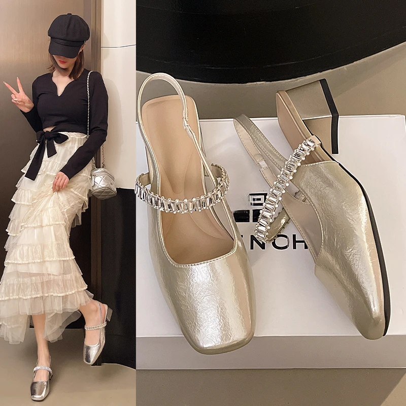 绝美法式中跟包头凉鞋女鞋2025年春夏水钻粗跟性感后空仙女风单鞋