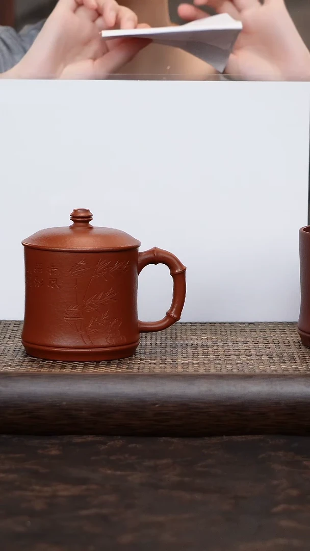 茶杯紫砂朱泥竹节暇