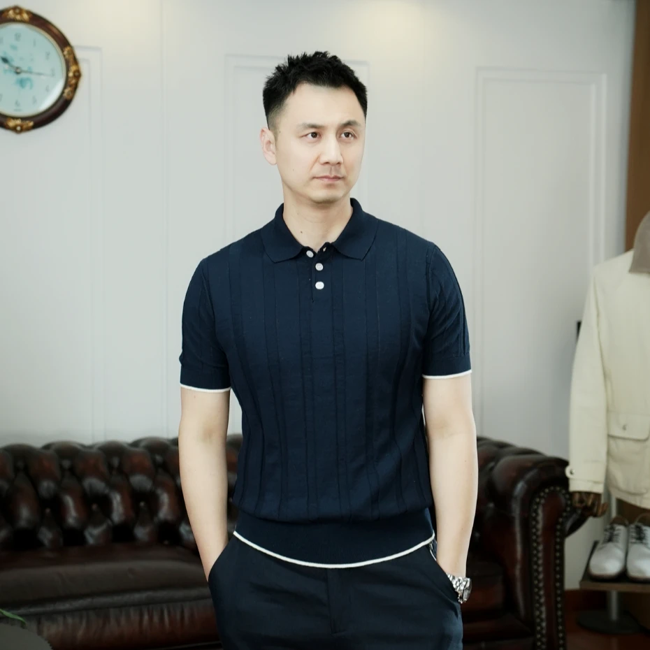 夏季男士翻领亚麻棉混纺针织短袖POLO衫男时尚休闲条纹T恤 AT1005