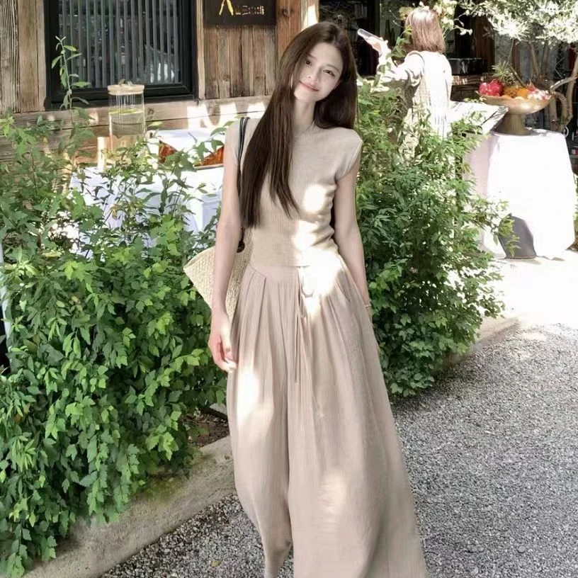 956时髦气质慵懒套装女夏季新款针织无袖上衣阔腿山本裙裤两件套