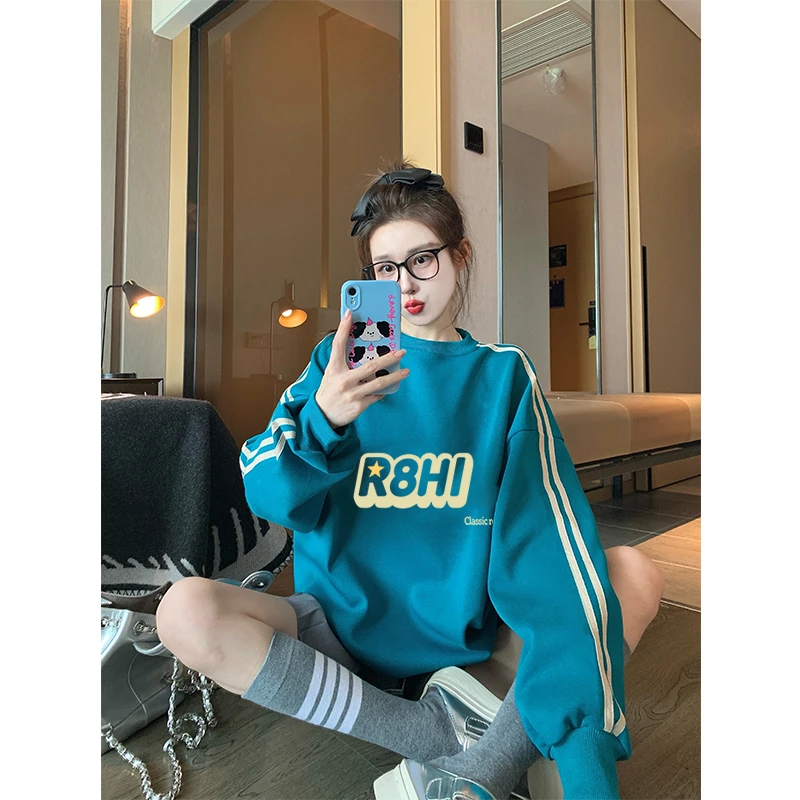 新款爆款孔雀蓝圆领卫衣秋冬加绒加厚美式高街潮牌复古上衣外套