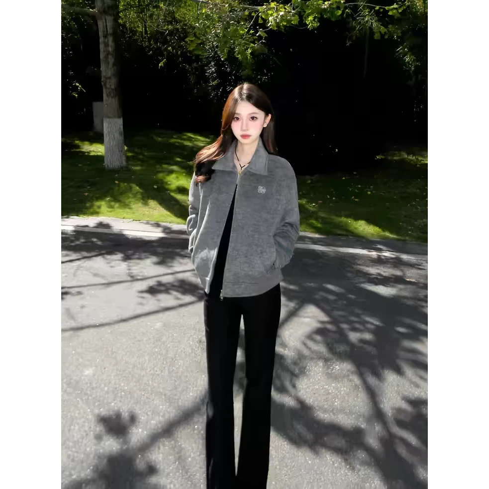 美式辣妹复古灰色毛呢外套女2025年新款宽松休闲百搭夹克拉链上衣