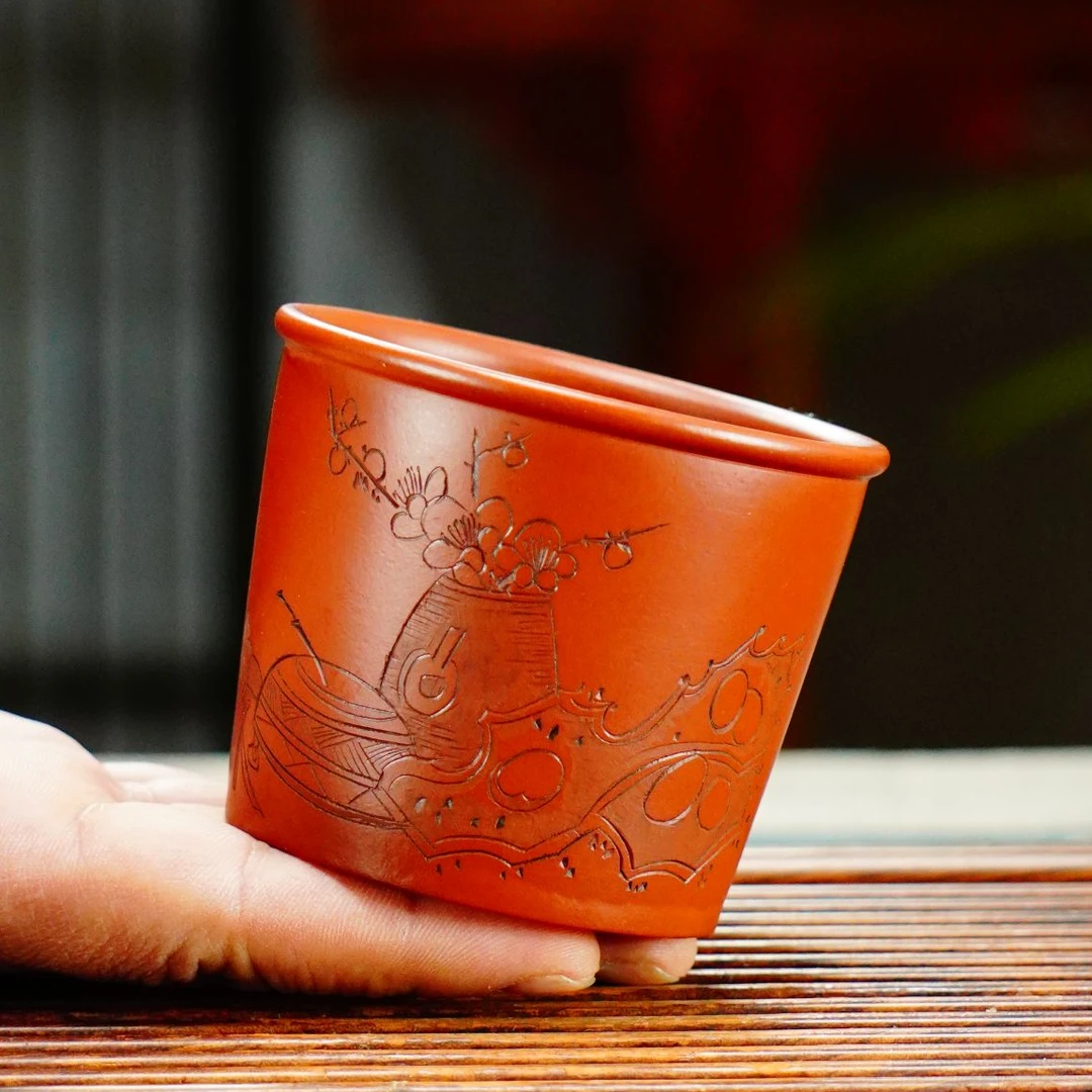 紫砂杯宜兴紫砂朱泥大红袍全手工雅集主人杯品茗杯纯手工大号红泥