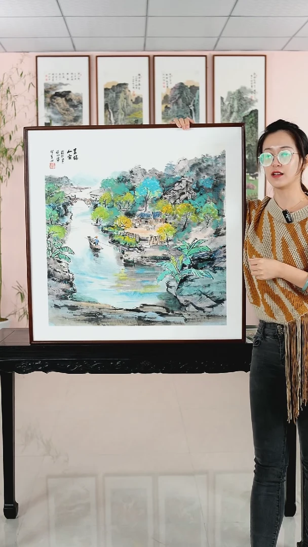 国画王学田《幸福人家》纯手绘檀木框82*82厘米