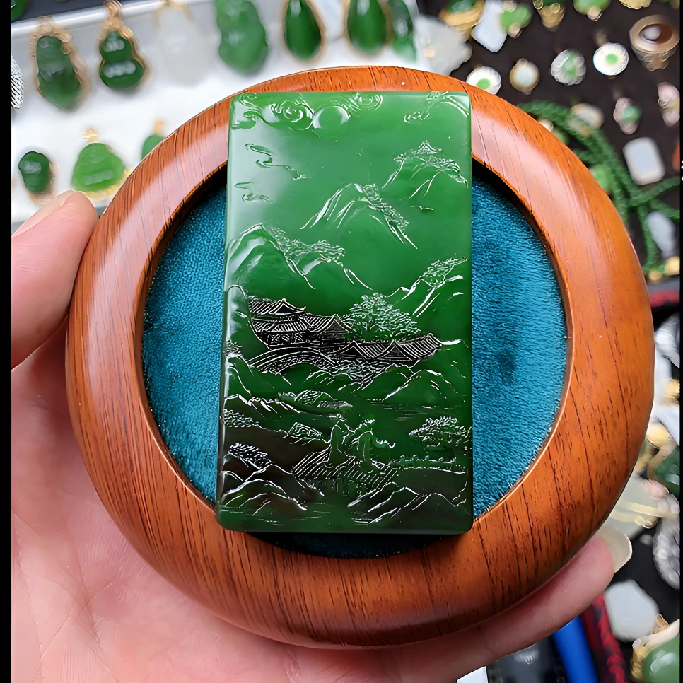 碧玉老料红皮巧雕山水风景牌珍藏版挂件