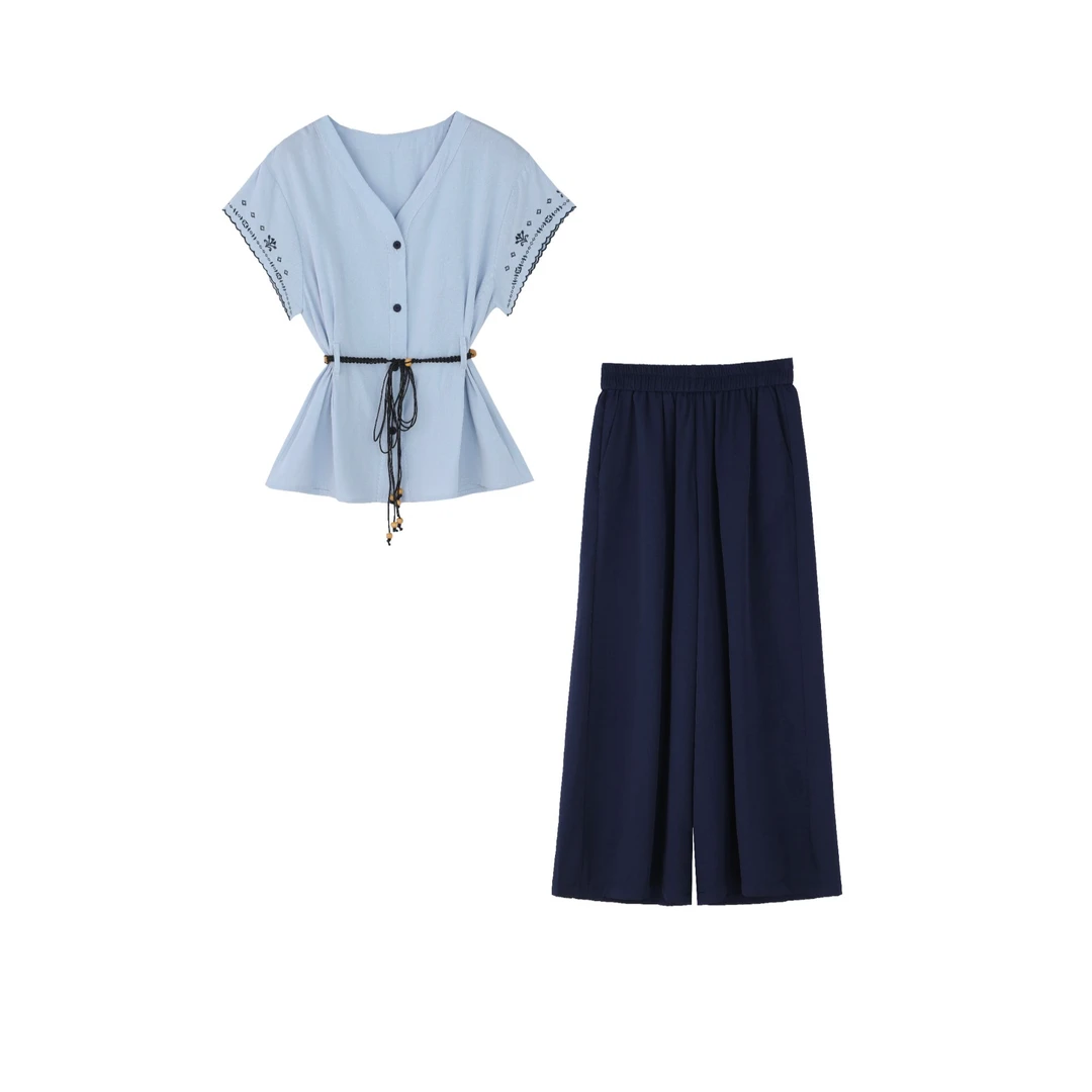 〈纪朵研〉0918夏季新款气质V领上衣+阔腿裤两件套