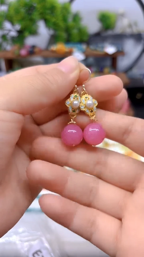 菱锰矿（红纹石）14K金镶嵌耳坠E798