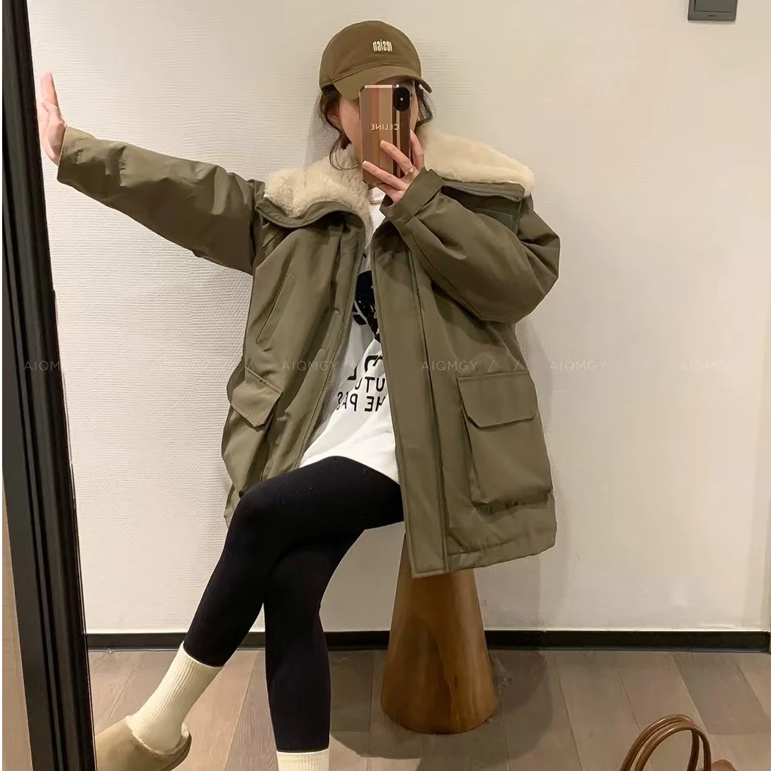 冬季韩版加绒加厚羊羔毛外套女派克服