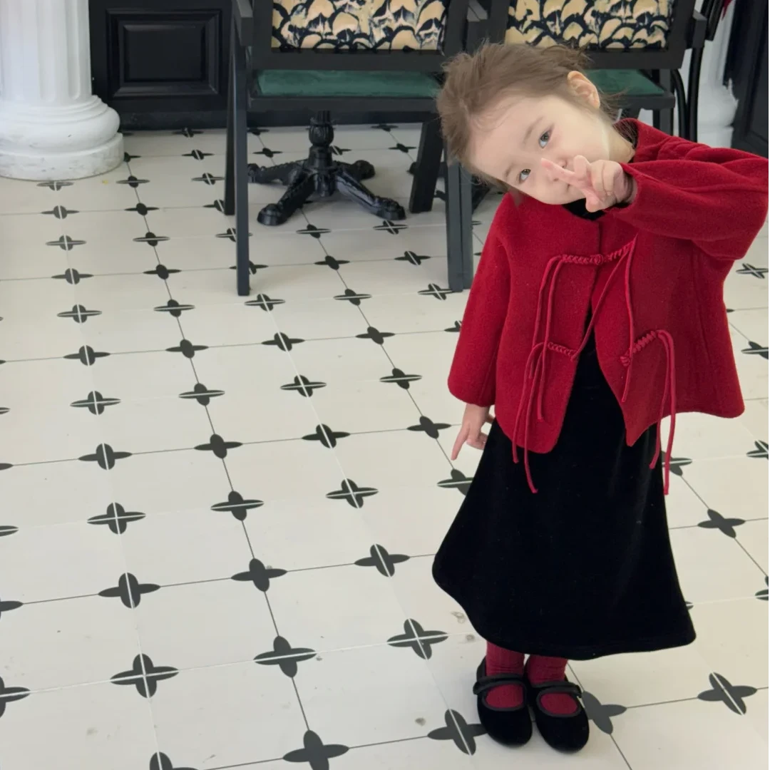 壹妈童装女童新年战袍套装春秋儿童洋气新中式红色毛呢外套半身裙