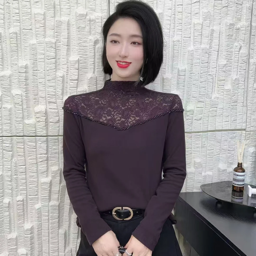 【韩紫朵 】2025新品气质蕾丝拼接洋气时尚长袖修身显瘦9012
