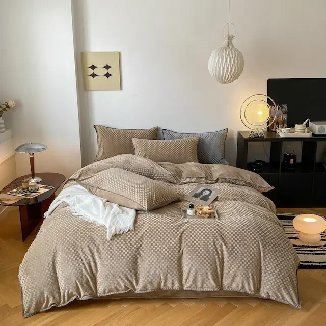 【小方格-卡其】200*230cm轻奢柔软丝滑四件套针织透气亲肤四件套