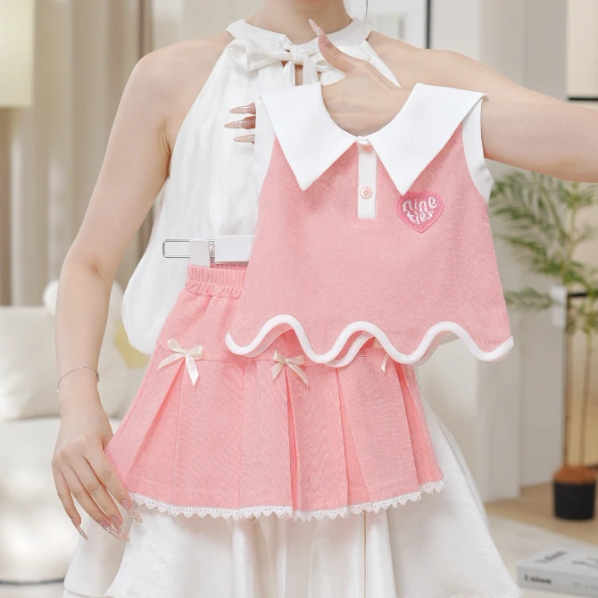 2025夏季新款女童无袖粉色百搭上衣百褶裙两件套套装SA30292