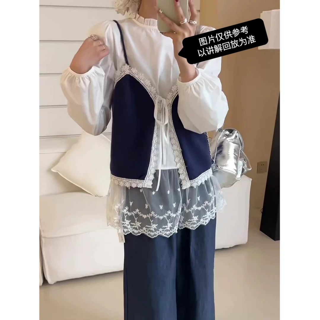 【嘎嘎.推荐】韩系甜美设计感宽松蕾丝拼接马甲衬衫➕阔腿裤三件套