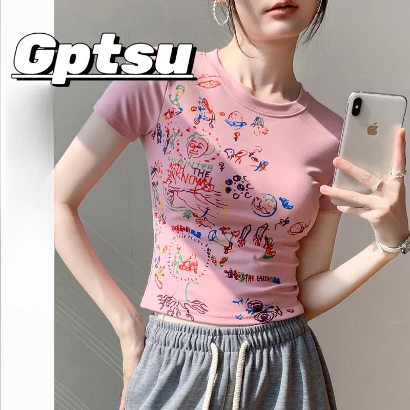 GPTSu圆领短袖T恤女2025年夏季新款多巴胺涂鸦印花设计感小众上衣