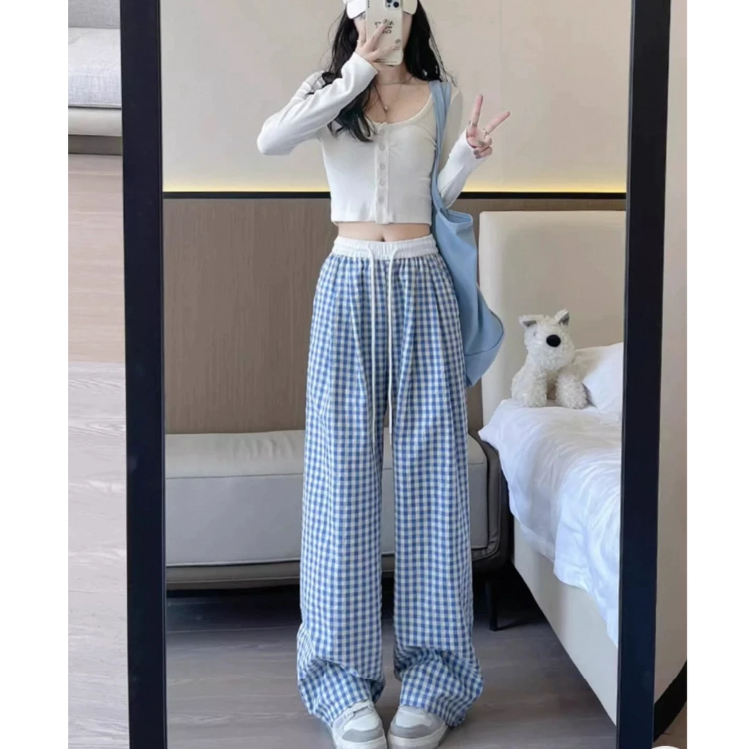 休闲宽松格子裤2025年新款夏季慵懒风高腰直筒阔腿裤松弛感9211