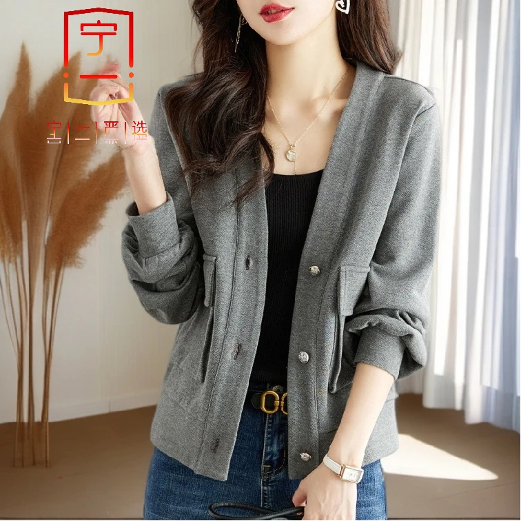 【宁一女装】时尚洋气显瘦珠地空气层针织外套春秋新款休闲百搭上衣