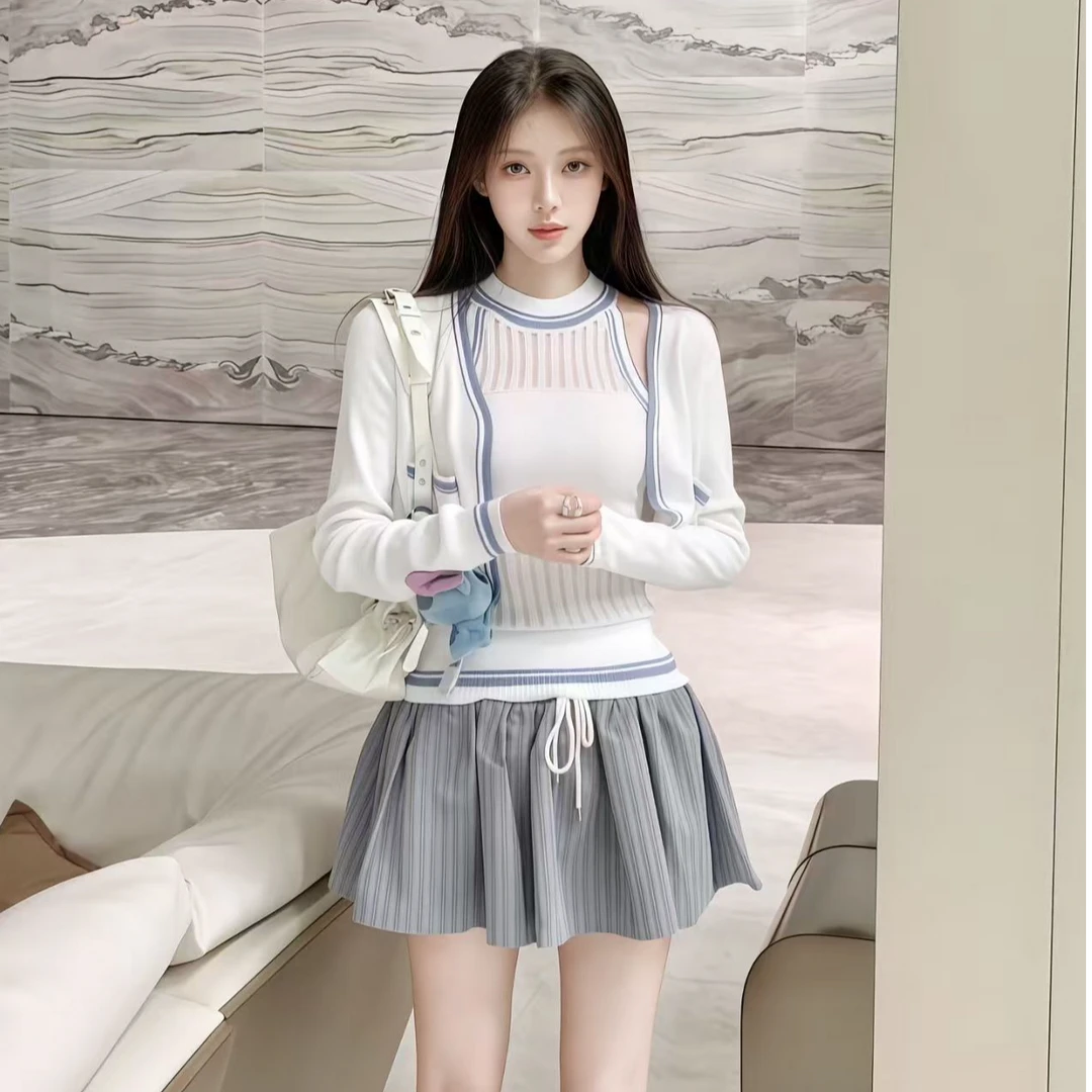 温柔小香风针织背心开衫短裙套装女秋小个子穿搭百褶半身裙两件套