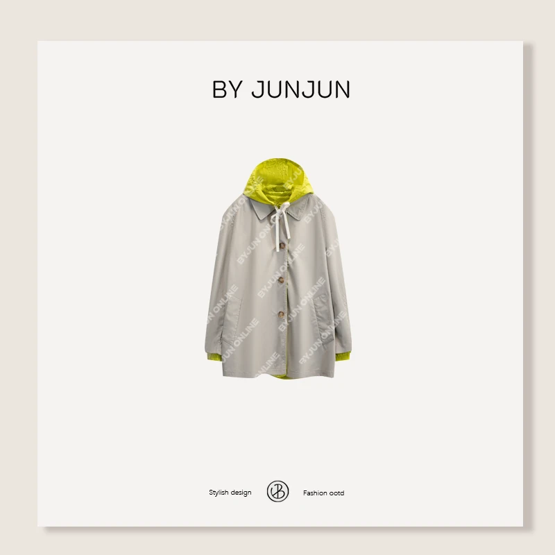 BYJUNJUN【秀款缪】正反两穿撞色连帽风衣外套
