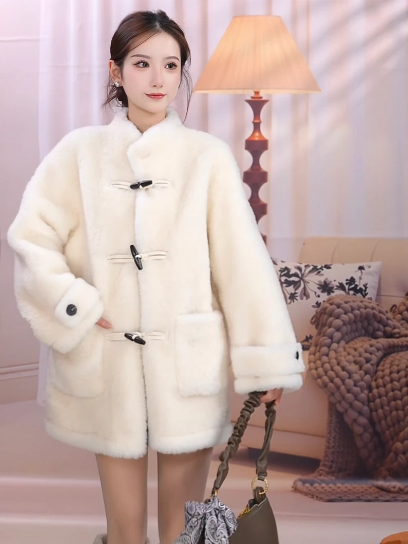 【冬日暖阳】3133韩版立领廓形牛角扣100%羊毛外套冬季晚宴场合女装