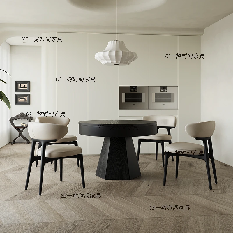 复古黑色可变圆桌小户型家用伸缩变形圆餐桌极简家用饭桌